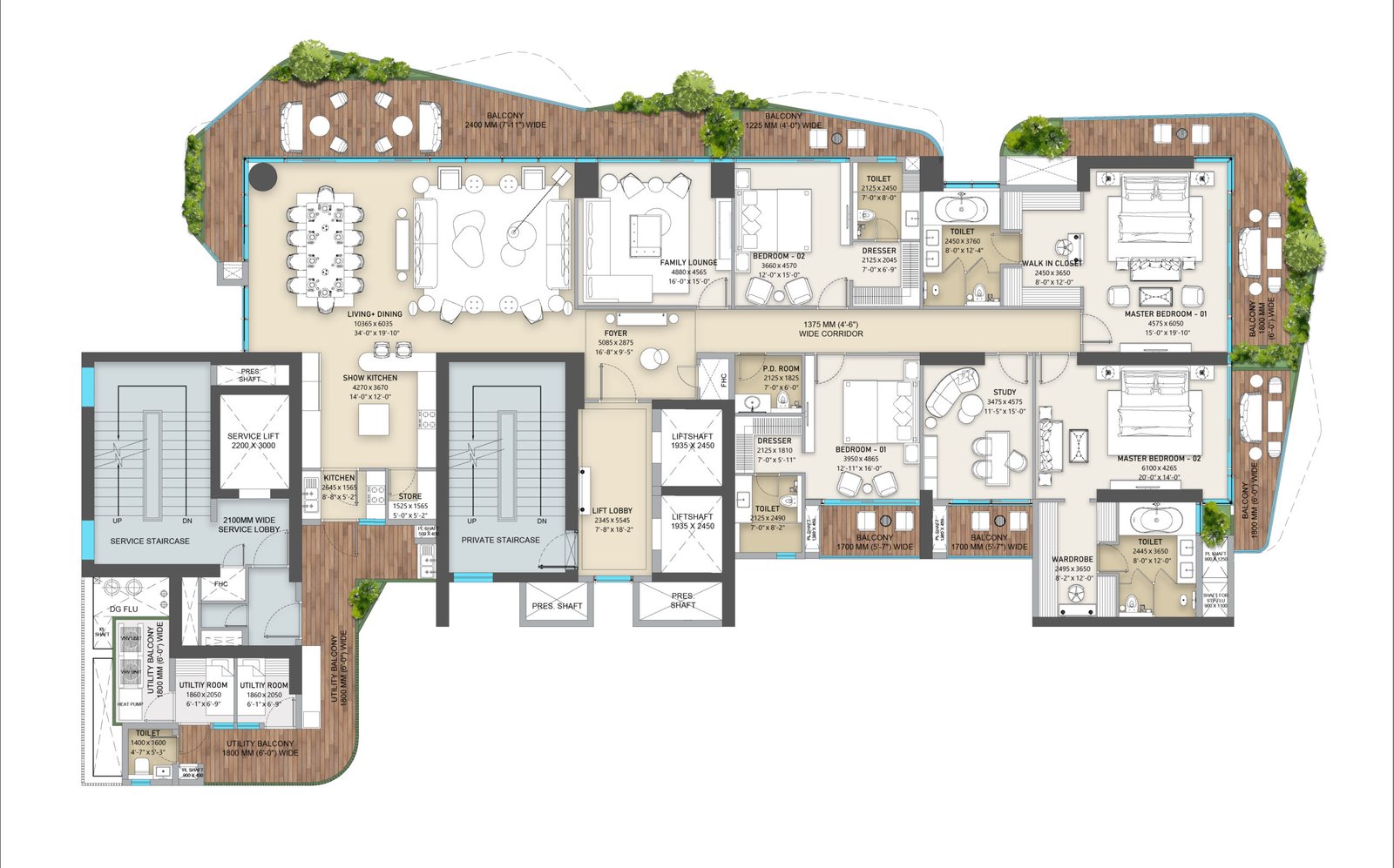  4BHK with Lounge + Study + 2 SQ